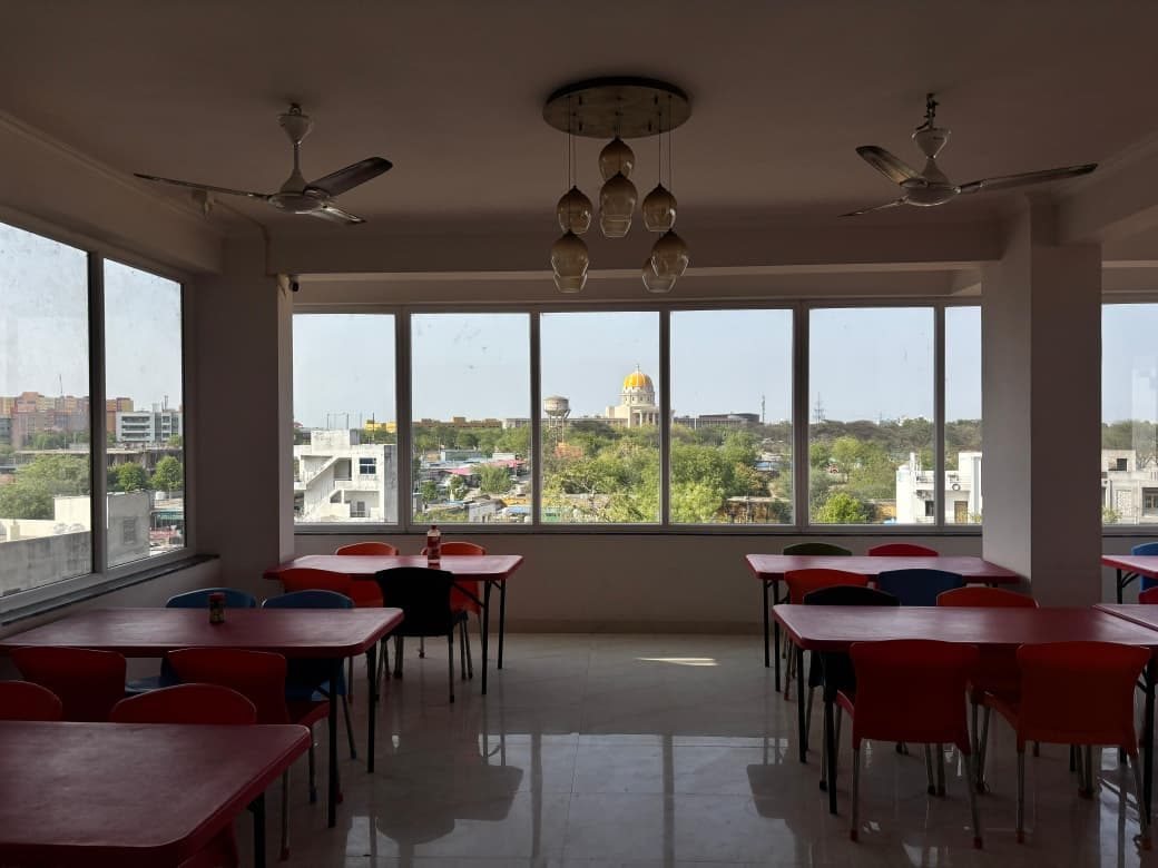 The Nirvana dining hall with a view toward Manipal University Jaipur